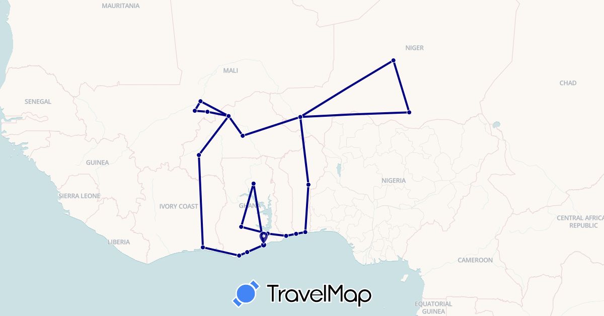 TravelMap itinerary: driving in Burkina Faso, Benin, Côte d'Ivoire, Ghana, Mali, Niger, Nigeria, Togo (Africa)